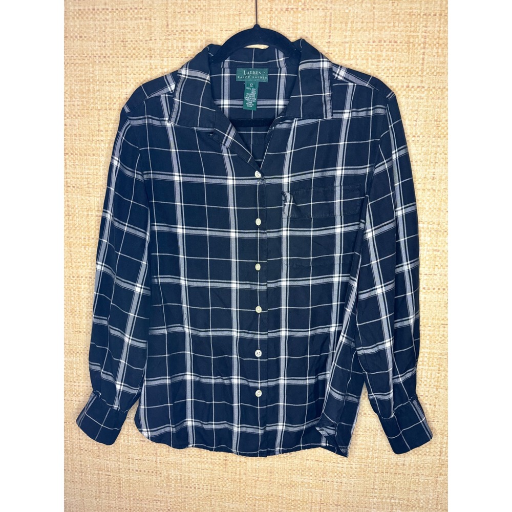 Lauren Ralph Lauren Black White 100% Silk Plaid Button Down Shirt Blouse Size 12